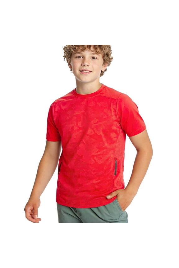 Kids Boys Short Sleeve Activewear T Shirts Casual Basic Jacquard Camouflage Pattern Breathable Athletic Workout Tops With Zipper Pockets Summer Playwear