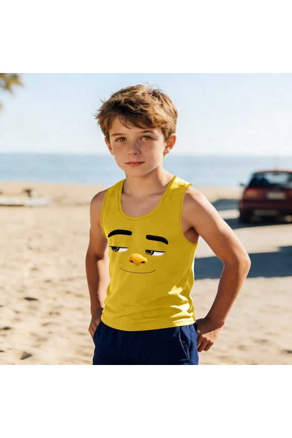 Kids Boys Smirking Face Graphic Tank Top Funny Bird Expression Sleeveless Crewneck Casual Summer Playwear Lightweight Breathable School Activewear Muscle Shirts