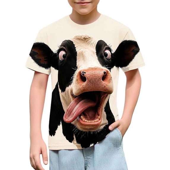 Xdegoge Kids Funny Animal 3D Print T-Shirts Boys Girls Cute Cow Graphic Tees Short Sleeve Crewneck Novelty Summer Casual Tops Wear, Size 7-8