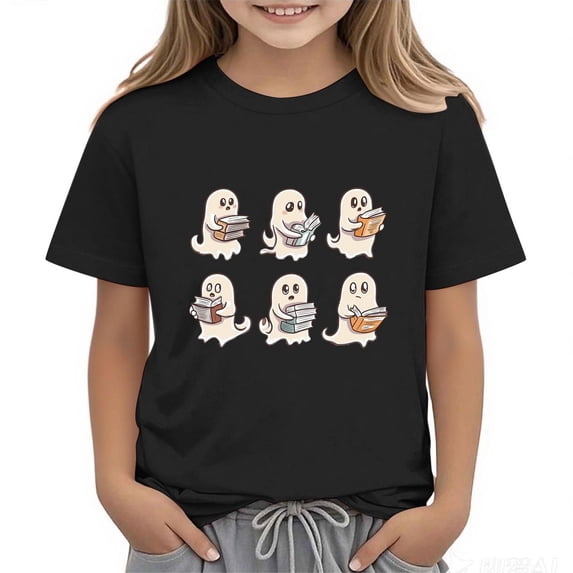 Xdegoge Kids Funny Reading Ghost Graphic Tees Girls Short Sleeve Crewneck Fall Halloween Shirts Book Lover Theme Casual Tops Holiday Party Novelty T-Shirts Apparel