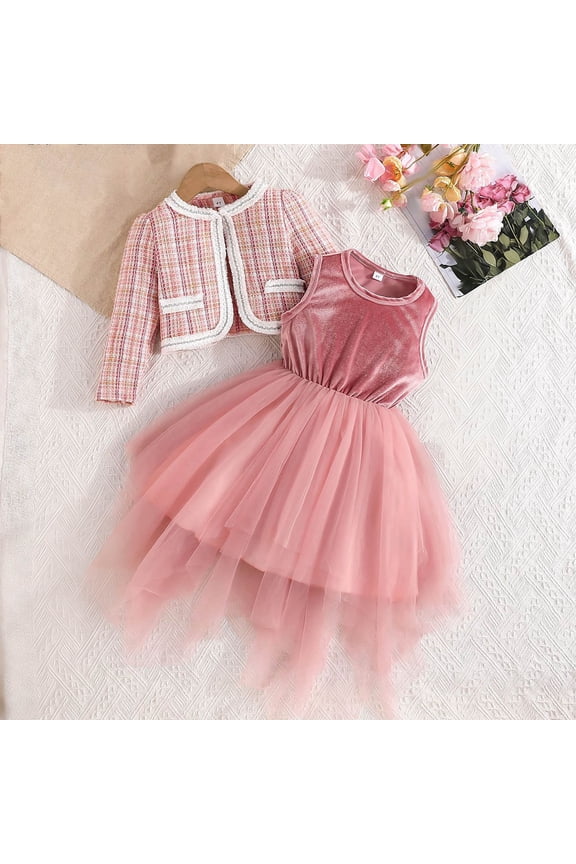 Kids Girls 2 Piece Dress Set Plaid Tweed Long Sleeve Jacket Cardigan Layered Tulle Tutu Dress Outfits Formal Party Wear