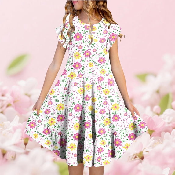Xdegoge Kids Girls Boho Floral Dress Midi Tiered A Line Crewneck Ruffle Short Sleeve Tween Summer Sundress Flowy Flattering Lightweight Vacation Beach School Party Wear for Teen