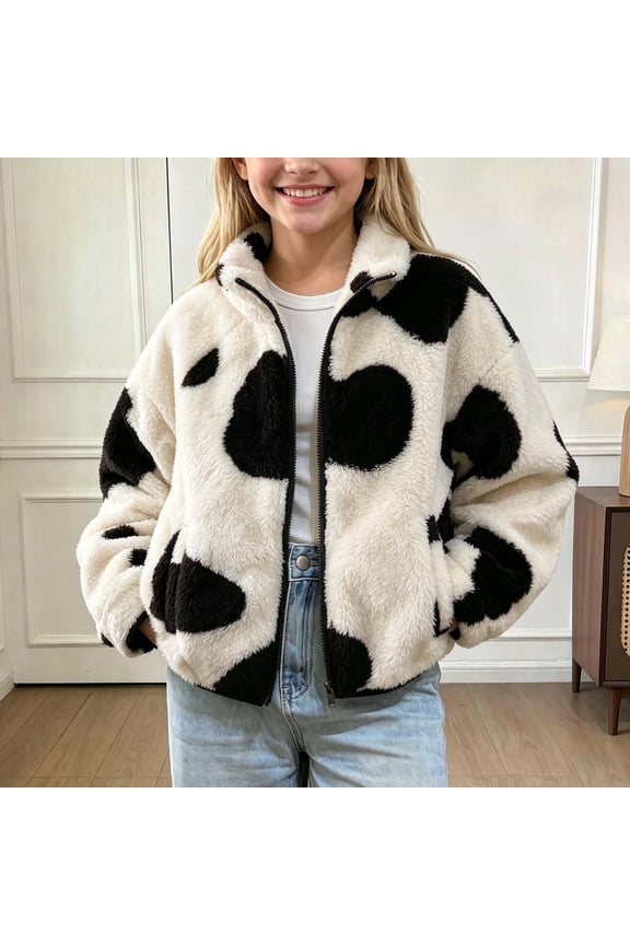 Kids Girls Cow Print Sherpa Jacket Animal Pattern Fuzzy Zip Up Fleece Coat Warm Winter Outerwear Mock Neck Fluffy Fall Clothes with Pockets