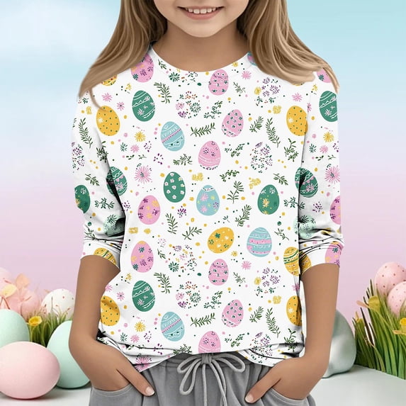 Xdegoge Kids Girls Easter Shirts Small Painted Eggs Leaves Print Long Sleeve Crewneck Spring Holiday Festival Outfits Casual Daily Wear School Activewear Tops