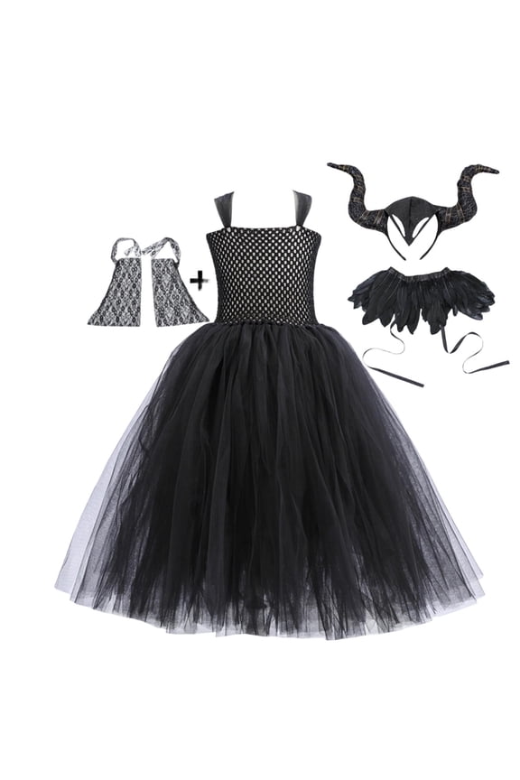 Kids Girls Halloween Evil Queen Dress Maxi Tulle Tutu Square Neck Sleeveless Tween Party Dresses Gothic Witch Cosplay Costume Carnival Festival Performance Outfit