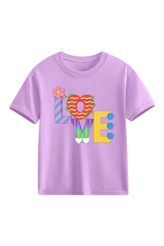 Kids Girls LOVE Letter Art T-Shirt, Colorful Floral Design for Toddlers, Babies, Kids, Teens, Perfect for Valentine’s Day, Parties, and Festive Occasions 3-10Y