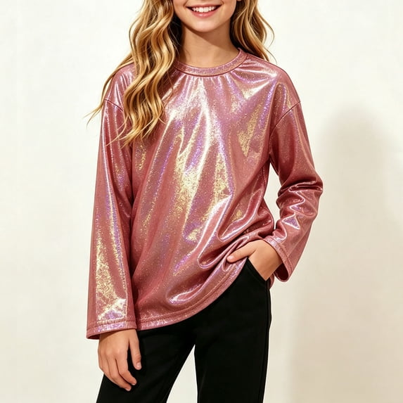 Xdegoge Kids Girls Metallic Shiny Shirt Long Sleeve Holographic Pullover Tops Dance Performance Wear Sparkle Festival Outfit, Size 7-8