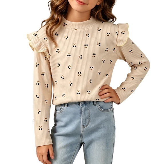 Xdegoge Kids Girls Mock Neck T-Shirts Long Sleeve Ruffle Ribbed Tops Ditsy Floral Casual Fall Blouses Cute Basic Pullovers, Size 5-6