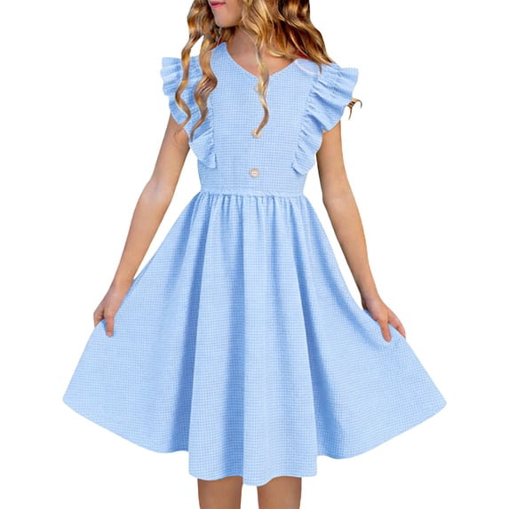 Xdegoge Kids Girls Plaid A Line Dress Knee Length V Neck Ruffle Sleeve Tween Summer Sundress Button Detail Flowy Flattering Lightweight Casual School Vacation Beach Wear for Teen