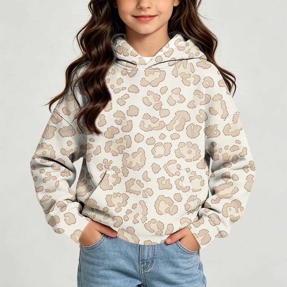 Xdegoge Kids Girls Pullover Hoodies Leopard Print Hooded Sweatshirts Long Sleeve Tops with Kangaroo Pocket Fashion Fall Winter Clothes, Size 7-8