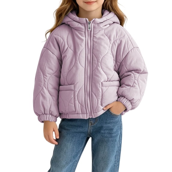 Xdegoge Kids Girls Quilted Jacket Hooded Lightweight Puffer Coat Zip Up Winter Outerwear Fall Windproof Warm Clothes with Pockets, Size 5-6