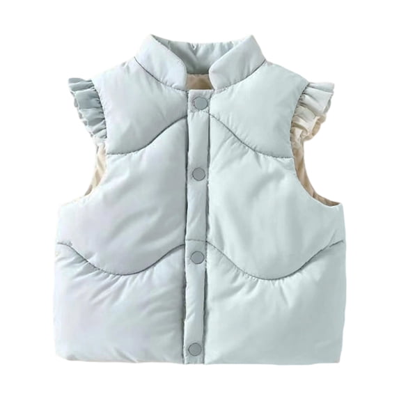 Xdegoge Kids Girls Ruffle Shoulder Puffer Vest Snap Button Stand Collar Sleeveless Jacket Cute Winter Warm Outerwear for Toddler Fall Windproof Padded Coat