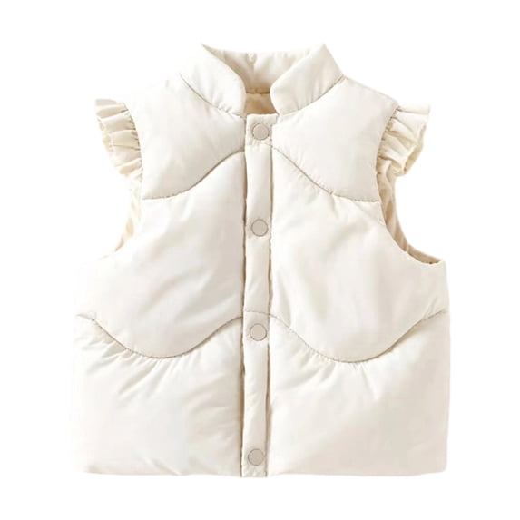 Xdegoge Kids Girls Ruffle Shoulder Puffer Vest Snap Button Stand Collar Sleeveless Jacket Cute Winter Warm Outerwear for Toddler Fall Windproof Padded Coat