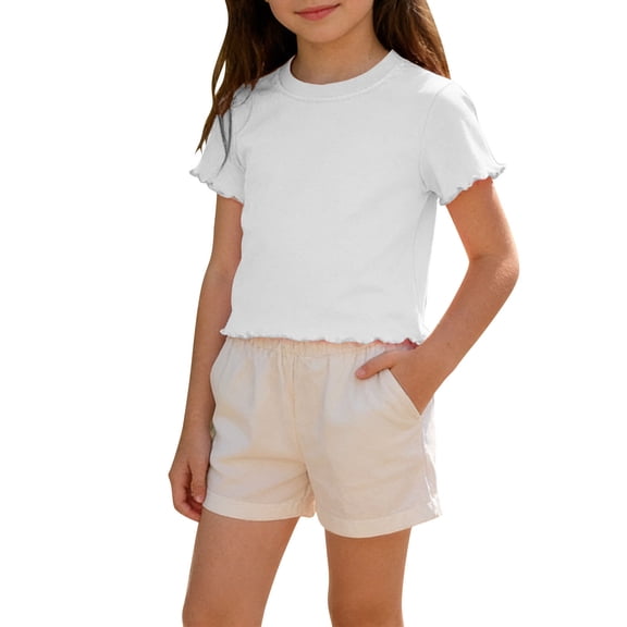 Xdegoge Kids Girls Ruffled Short Sleeve Tee Casual Basic Solid Color Ribbed Pullover Top Children Stretchy Comfy Daily Playwear Summer Outfits Boutique Clothes