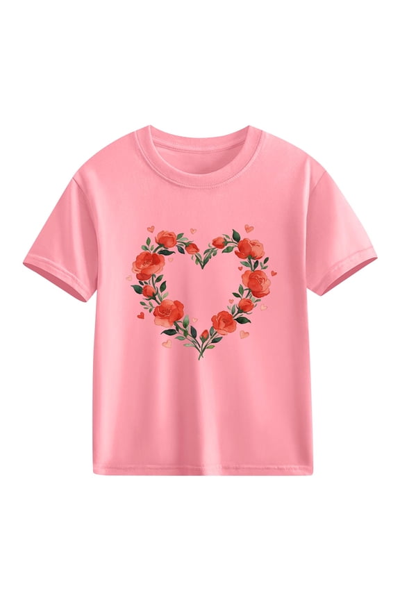 Kids Girls Valentine's Day T-Shirt with Floral Heart Design, Soft Cotton Short Sleeve Top for Toddler and Tween, Cute Love Theme Outfit 3-10Y