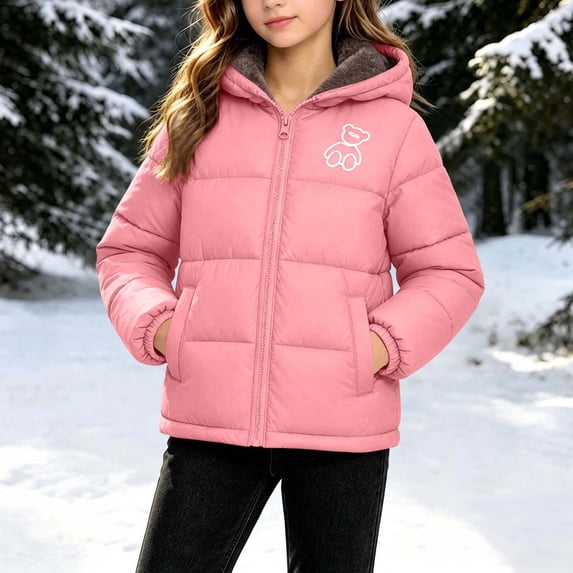 Xdegoge Kids Girls' Winter Coat Fleece Lined Warm Puffer Jacket Hooded Thick Outerwear with Cute Graphic Detail for Cold Weather, Size 7-8