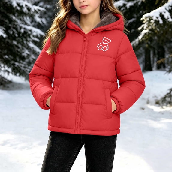 Xdegoge Kids Girls' Winter Coat Fleece Lined Warm Puffer Jacket Hooded Thick Outerwear with Cute Graphic Detail for Cold Weather, Size 7-8