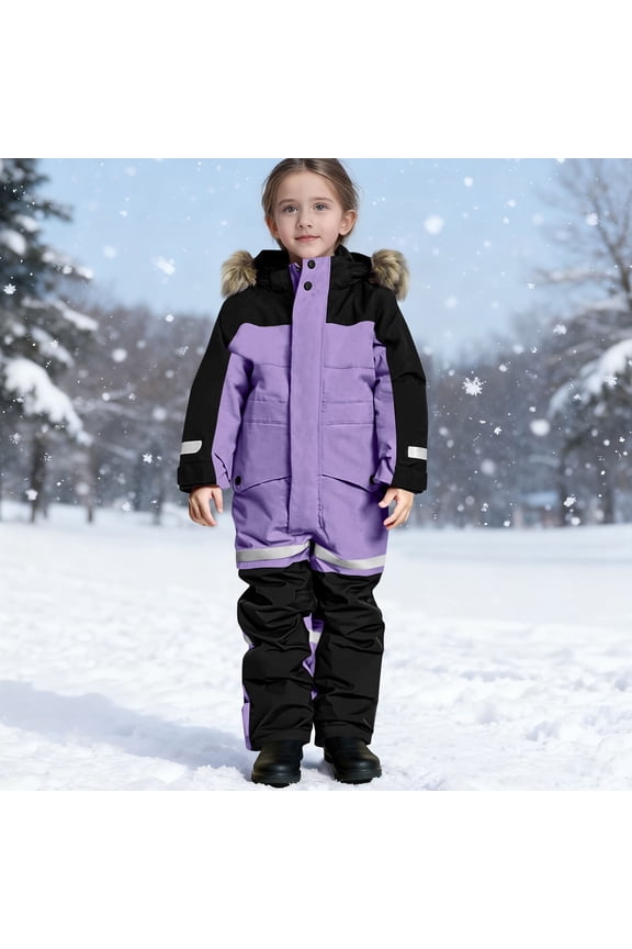 Kids One Piece Snow Suit with Furry Hood Fuzzy Fleece Lined Zipper Winter Warm Outdoor Snowsuit Waterproof Insluated Thick Snowboarding Jumpsuit 2 Years
