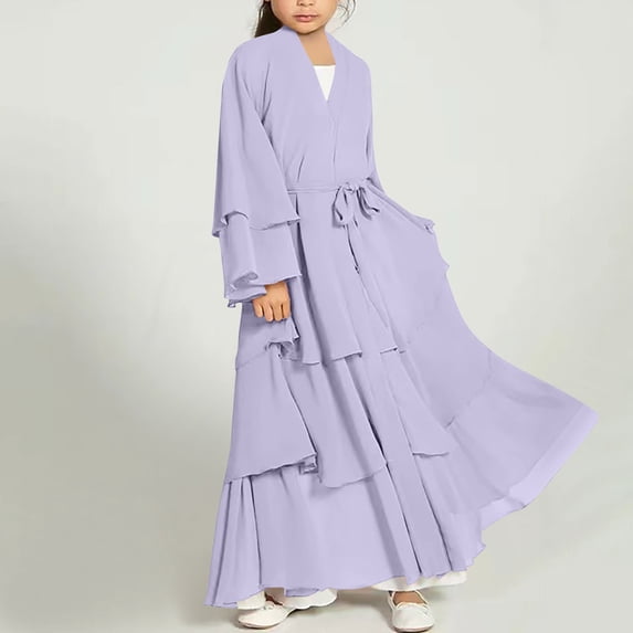 Xdegoge Kids Prayer Dress Muslim Clothes for Girls V Neck Long Sleeve Abaya with Hijab Two Piece Ramadan Kaftan Abaya Set Flowy Chiffon Islamic Modest Wear Size 5-14