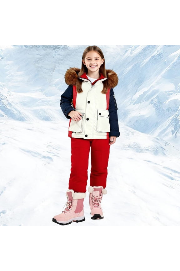 Kids Snow Suit Boys Girls 2 Piece Ski Suits Furry Collar Hooded Color Block Waterproof Winter Coat Snowpant Bibs Overalls Thicken Warm Outdoor Skiing Snowboarding Snowsuits 2-3Years