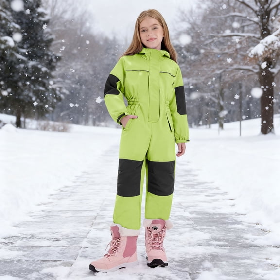 Xdegoge Kids Snow Suit Girls Waterproof One Piece Snowsuits Zip Up Warm Hooded Thermal Ski Suits Lightweight Teen Boy Snowboarding Outfits