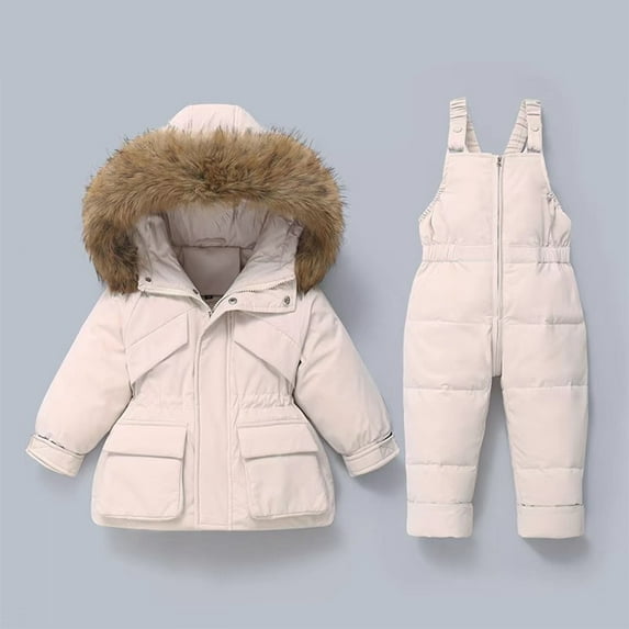 Xdegoge Kids Snow Suits 2 Piece Outfits Boys Girls Winter Jacket with Furry Hood Insulated Waterproof Thicken Warm Zip Up Overalls Ski Bibs Cozy Outdoor Sport Tween Snowsuit 6-12 Month