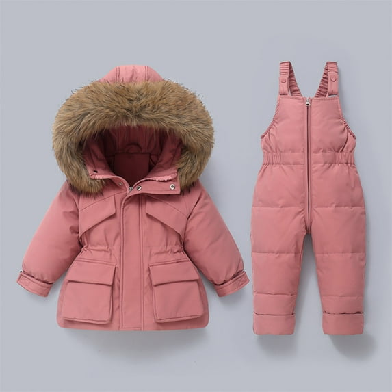 Xdegoge Kids Snow Suits 2 Piece Outfits Boys Girls Winter Jacket with Furry Hood Insulated Waterproof Thicken Warm Zip Up Overalls Ski Bibs Cozy Outdoor Sport Tween Snowsuit 1-2 Years