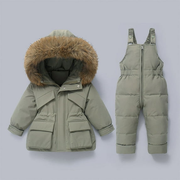Xdegoge Kids Snow Suits 2 Piece Outfits Boys Girls Winter Jacket with Furry Hood Insulated Waterproof Thicken Warm Zip Up Overalls Ski Bibs Cozy Outdoor Sport Tween Snowsuit 1-2 Years