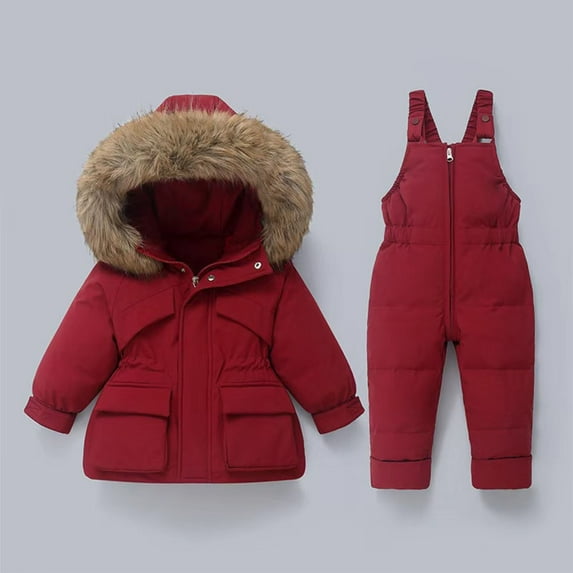 Xdegoge Kids Snow Suits 2 Piece Outfits Boys Girls Winter Jacket with Furry Hood Insulated Waterproof Thicken Warm Zip Up Overalls Ski Bibs Cozy Outdoor Sport Tween Snowsuit 2-3 Years