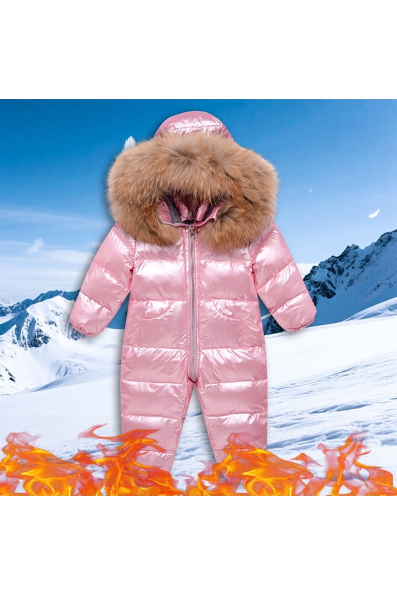 Kids Snow Suits for Girls Boys One Piece Romper Shinny Furry Hooded Thick Winter Outdoor Snowsuits Waterproof Windproof Cute Cold Weather Warm Down Jumpsuit Coat 6 Months