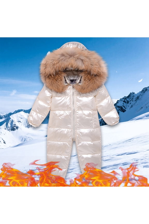 Kids Snow Suits for Girls Boys One Piece Romper Shinny Furry Hooded Thick Winter Outdoor Snowsuits Waterproof Windproof Cute Cold Weather Warm Down Jumpsuit Coat 6 Months