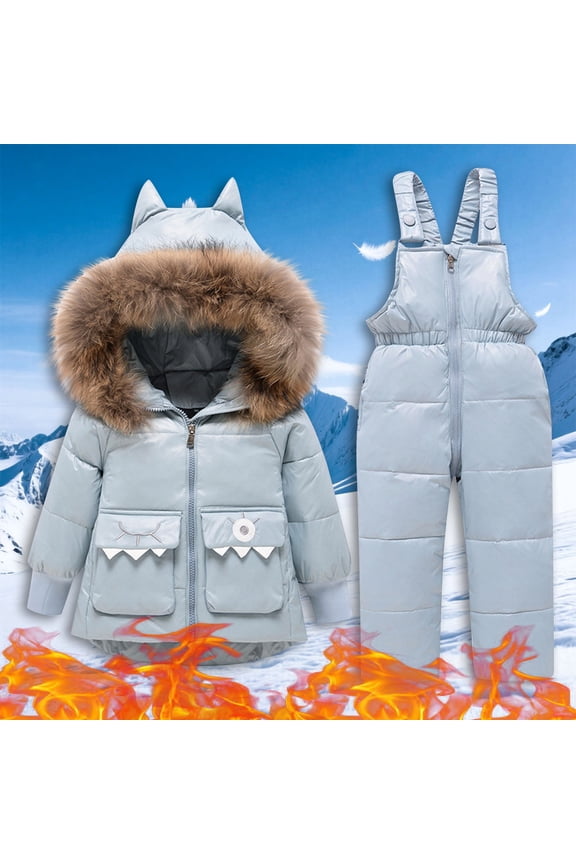 Kids Snowsuit for Boys Girls Snow Jacket with Furry Hood Insulated Waterproof Thicken Ski Bibs Overalls 2 Piece Winter Warm Snowsuits Sports Outdoor Thermal Outfits 2 Years