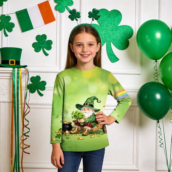 Xdegoge Kids' St. Patrick's Day Shirts Gnome Print 3/4 Sleeve T-Shirt Green Clover Tops for Girls Holiday Party Tshirts