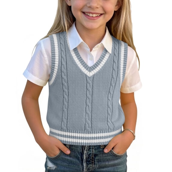 Xdegoge Kids Sweater Vest Toddler Girls Preppy Style V Neck Trendy Sleeveless Knit Pullover Tops Fall Winter School Uniform Casual Tank Sweaters Outerwear