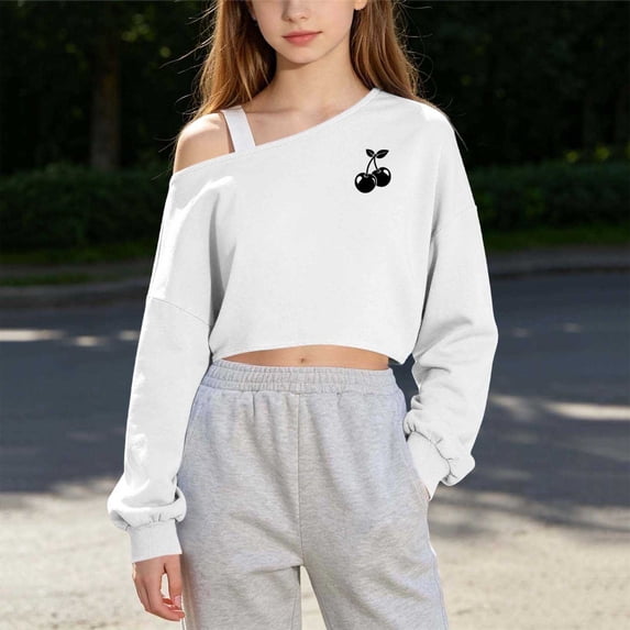 Xdegoge Kids Teen Girls One Shoulder Cropped Sweatshirt Long Sleeve Cute Cherry Graphic Pullover Y2k Fall Trendy Casual Tops, Size 5-6