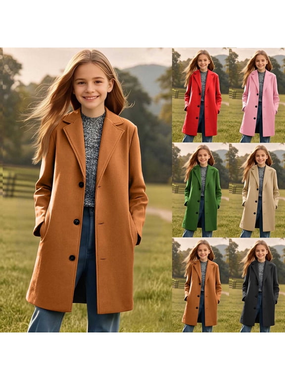 Kids Trench Coat Single Breast Notched Lapel Coats Classic Elegant Fall Winter Overcoats Fashion Windproof Warm Overcoat with Pockets Size 5-14