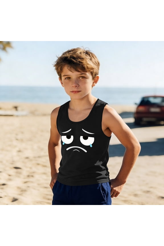 Kids Unisex Funny Graphic Tank Tops Cute Tired Crying Face Print Sleeveless Casual Playwear School Shirts Comfy Lightweight Summer Vacation Tees