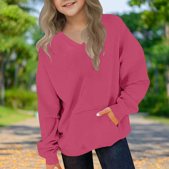 Xdegoge Kids V Neck Oversized Sweatshirt with Pocket Comfortable Loose Fit Pullover Tops Back School Clothes