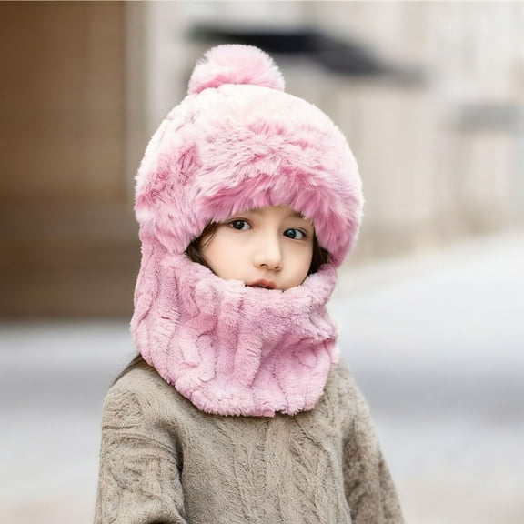 Xdegoge Kids Winter Hat for Boys Girls 3 in 1 Beanie Hat with Scarf and Mask Fuzzy Plush Cold Weather Thermal Windproof Balaclava Pompom Outdoor Sport Ski Mask Caps