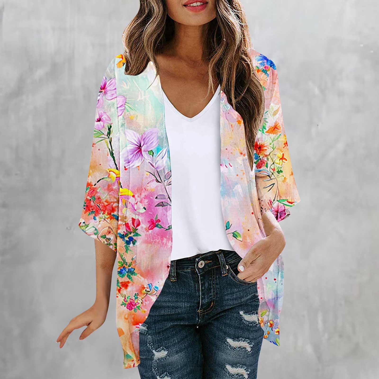 R.Vivimos Women's Beach Cover Up - Boho Floral Print Kimono Cardigan With Belt, Long Sleeve