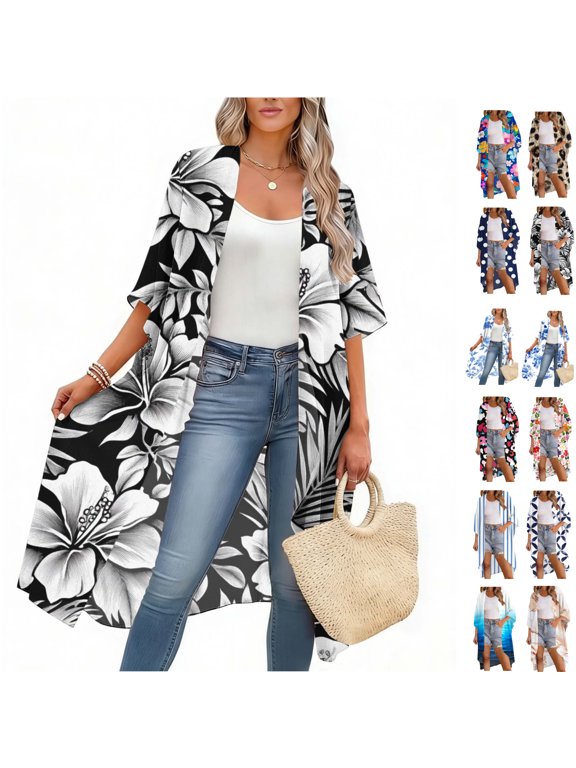 Kimono Cardigans for Women Open Front Half Sleeve Boho Tropical Print Cover Up Sheer Chiffon Duster Lightweight Summer Casual Daily Outerwear