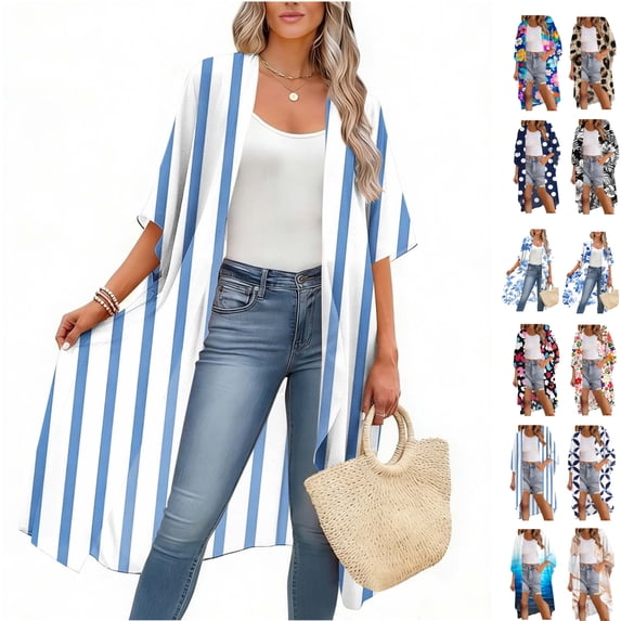 Xdegoge Kimono Cardigans for Women Open Front Half Sleeve Boho Tropical Print Cover Up Sheer Chiffon Duster Lightweight Summer Casual Daily Outerwear