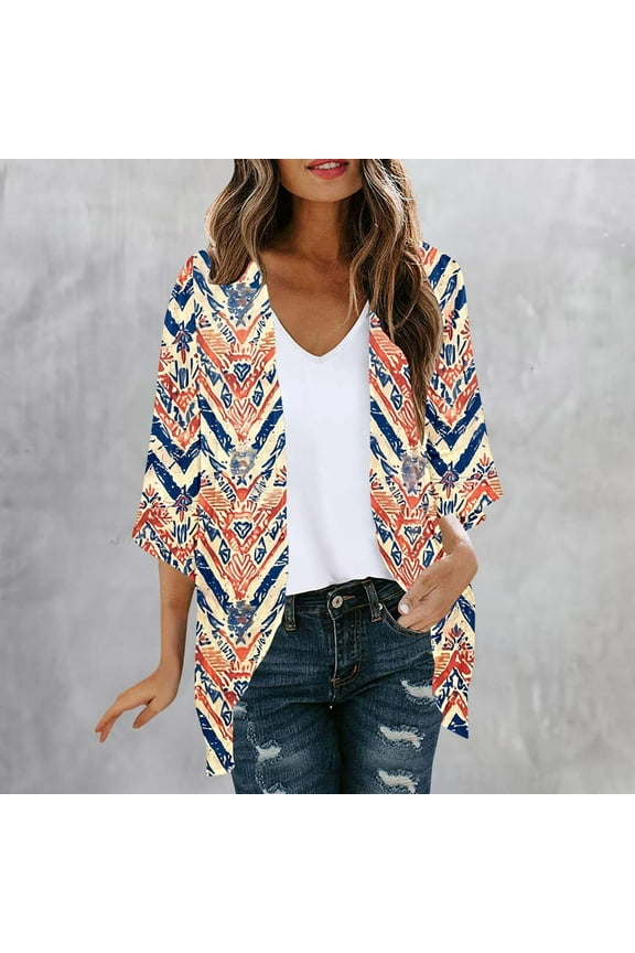 Kimonos Cardigans for Women Lightweight 3/4 Sleeve Floral Print Summer Cardigans Chiffon Open Front Loose Casual Tops Vacation Beach Cover Ups ,The Month