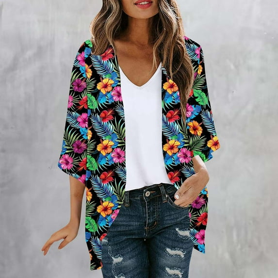 Xdegoge Kimonos Cardigans for Women Lightweight 3/4 Sleeve Floral Print Summer Cardigans Chiffon Open Front Loose Casual Tops Vacation Beach Cover Ups Track Returns and Refunds