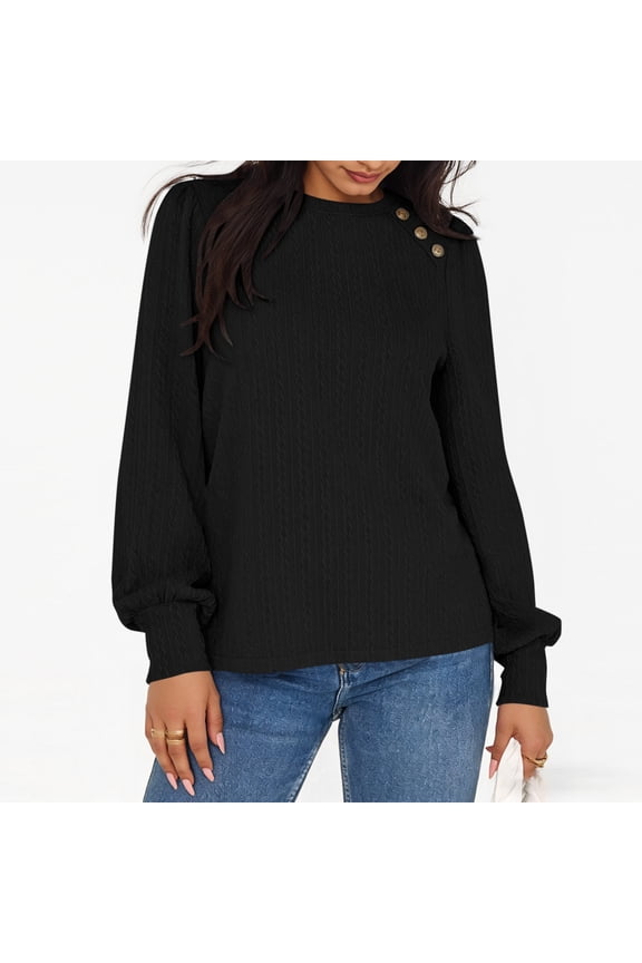 Knit Sweater for Women with Long Sleeve and Shoulder Buttons, Cable Knit , Solid Color Fashion Textured Waist-Defining Top