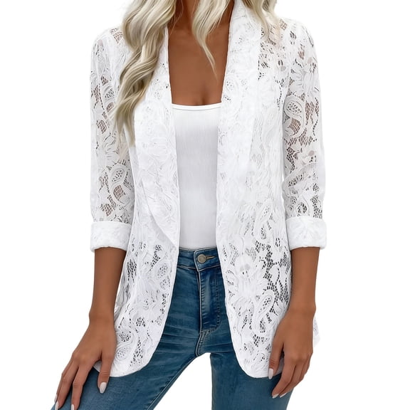 Xdegoge Lace Blazer for Women Open Front Long Sleeve Sheer Jacket Layering Evening Wear, Spring Summer Cardigan Blazers Cocktail Party Outfits