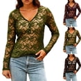 thumbnail image 1 of Xdegoge Lace Tops For Women V Neck Sheer Mesh Long Sleeve Shirts Button Front Blouse Floral Crochet Layering Dressy Casual Going Out Outfits, 1 of 7