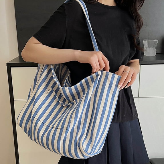 Xdegoge Large Canvas Tote Bag Fashion Stripe Capacity Shoulder Bag with Pocket for Women Travel College Everyday Casual Work