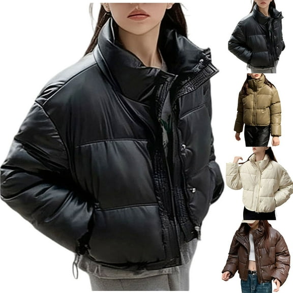 Xdegoge Leather Cropped Quilted Jacket for Women Stand Collar Fluffy Zip Up Down Coats Trendy Loose Casual Puffer Jacket with Pockets Streetwear Winter Coat 2025
