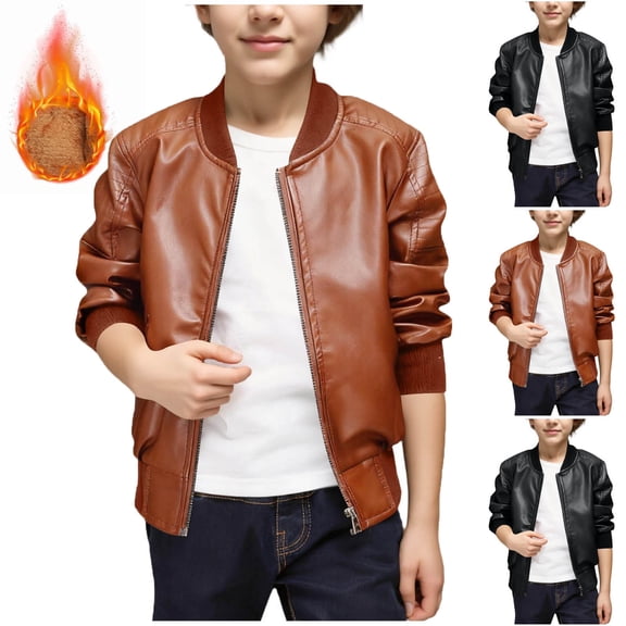 Xdegoge Leather Jacket for Boys Full Zip Crewneck Jacket Long Sleeve Thickened Warm Coat Vintage Stylish Winter Coats Windproof Waterproof Casual Outerwear with Pockets Size 2-16